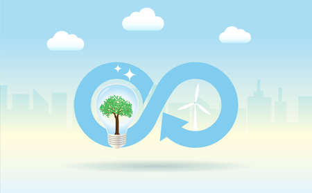 Circular economy icon with lightbulb, wind turbines in city building background. For sustainable...