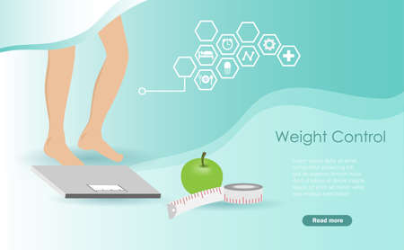 Woman legs on weighing scale with green apple and measure tape. Idea for healthy foods, weight control concept.のイラスト素材