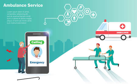 Senior old man calling emergency ambulance for help from sickness with medical team hurry to help. Healthcare technology service for elderly people concept.のイラスト素材