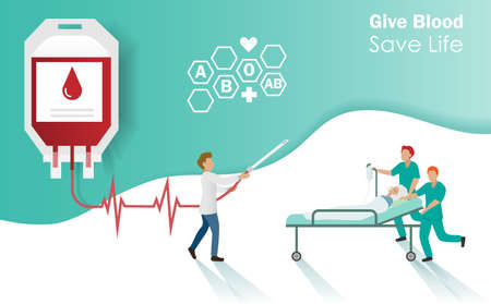 Blood donation, give blood save life concept. Medical team urgently moving emergency patient to hospital with doctor hold blood bag with ECG - EKG signal line ready to save life. Vector.のイラスト素材