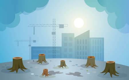 Deforestation for buildings construction with heating and climate change. Earth day,ecology environment and pollution concept.のイラスト素材