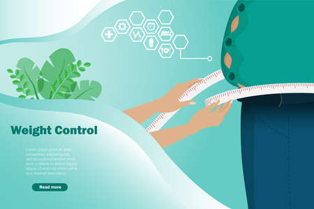 Overweight and weight control concept. Fat man with tight shirt check up his waist by measuring tape.のイラスト素材