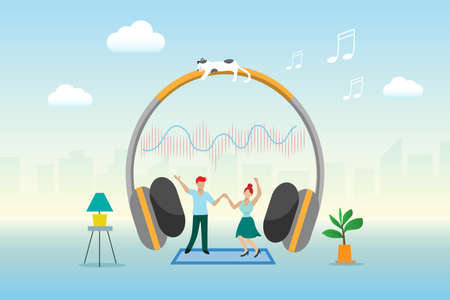Couple dancing, online listening music, live streaming audio in headphone devices with sound wave. Social media player application and entertainment technology concept.のイラスト素材