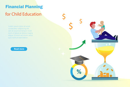 Financial investment for child education and growth profit income concept. Father holding baby sitting on hourglass with gold coins, graduation cap and growth graph profit.のイラスト素材