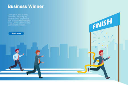 Successful business winner and rivals. Businessman run crossing to finish line in business competition with first prize ribbon celebrating.のイラスト素材