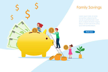 Family money savings concept. Mother, father and kid saving gold coin in piggy bank, budget planing for family.のイラスト素材