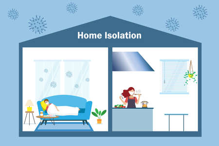 Home isolation, stay home concept. Covid-19 patient self quarantine in separated room at house lay down on sofa with medicine pills while other cooking. Medical healthcare and social distancing.のイラスト素材
