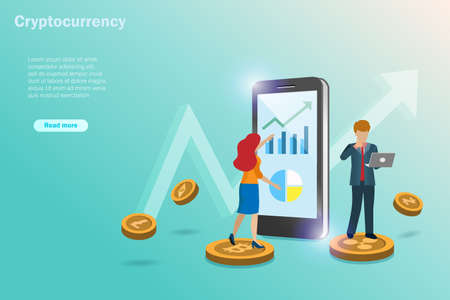 Cryptocurrencies exchange platform on smart phone,   spot, NFT concept. Businessman analysing growth graph investing on bitcoin, ethereum, litecoins, ripple and Z cash.のイラスト素材