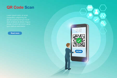 Businessman scan QR code on smartphone to access data information or online payment. Using business...