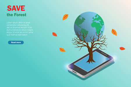 Save the forest, ecology, environment, reforestation and earth day concept.  Dry tree on smart phone screen holding planet earth. Save the tree, build global warming awareness campaign via technologyのイラスト素材