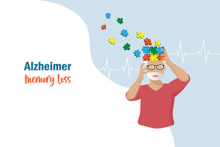 Dementia Alzheimer diseases, memory and brain loss. Elderly man lost his memories in jigsaw puzzle pieces on head. Alzheimer awareness, mental health problem for senior people concept.のイラスト素材