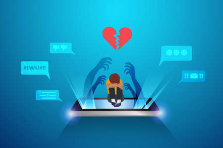 Cyber bullying, negative criticism, online hate speech concept. Kid with broken heart crying on smartphone screen with threaten hands and hate speech from online social media network.のイラスト素材