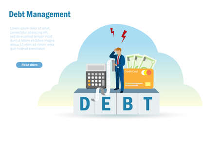 Credit card debt, debt management, debt stress. Frustrated businessman try to manage credit card bills and expenses spending with fixed income. Money spending and cash control concept.のイラスト素材