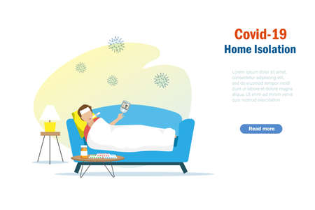 Covid-19 home isolation. Sick man on sofa self check temperature and oxygen saturation from digital fingertip oximeter. Medial and healthcare concept.のイラスト素材