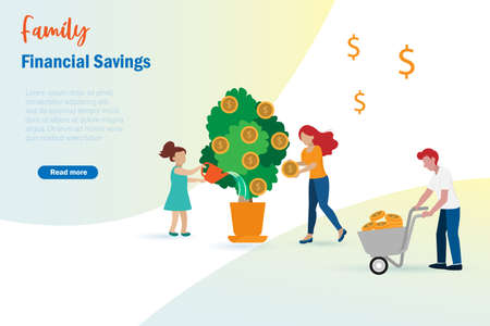Family money savings concept. Mother, father and kid gardening, harvest and collect gold coins from money tree. Financial savings, growing money and success growth profit investment for family conceptのイラスト素材