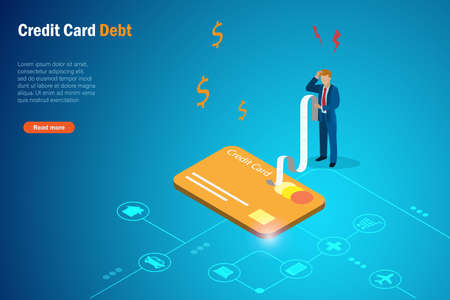 Debt management, debt stress. Frustrated businessman try to manage credit card bills and expenses spending with fixed income.のイラスト素材
