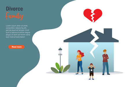 Divorced child and family. Sad kid with broken heart and angry mother and frustrated father. Kid mental health problem from parent separation.のイラスト素材