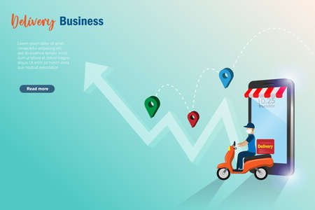 Growth graph and profit in online shopping, delivery service and e-commerce business. Delivery man on smartphone delivery foods and courrier to customerのイラスト素材