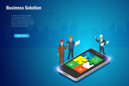 Businessmen discussing business strategy solution on jigsaw puzzle missing piece in smart phone....