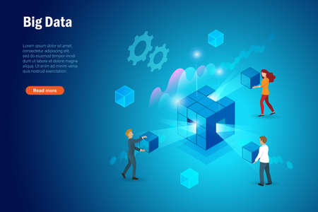 Big data network and block chain technology. Businessman team online connecting cube into big data visualization, exchange and transfer  business information. 3D isometric vector.のイラスト素材