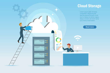 Online digital cloud storage downloading and sharing on smart devices. Businessman sharing graph chart data from cloud computing service.Global network storage technology  for business concept.のイラスト素材