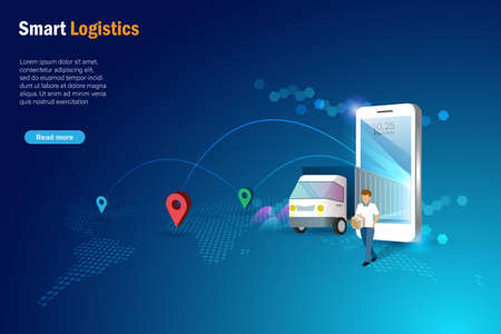 Online smart logistics. Delivery man holding shipment with truck on smart phone screen and location map background. Global transportation logistics, shipping and delivery &#xD;&#xA;technology concept.のイラスト素材