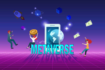 Metaverse technology in people lifestyle in cryptocurrency and financial virtual reality environment. People wear VR goggle glass enjoy 3D experience on smart phone metaverse screen device.のイラスト素材