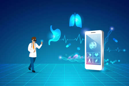 Metaverse technology in medical and healthcare business, Doctor experience 3D virtual reality on smartphone learning, analysing and diagnosis human organs health problem environment interface.のイラスト素材