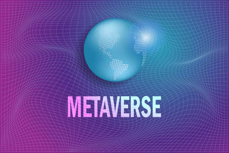 Metaverse, virtual reality, augmented reality and blockchain technology, user interface 3D experience. Word metaverse with world map globe in futuristic environment background.のイラスト素材