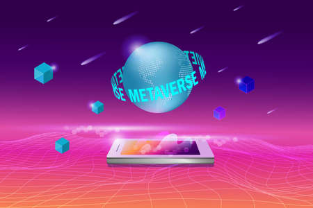 Metaverse, virtual reality, augmented reality and blockchain technology, user interface 3D experience. Word metaverse and world map globe in futuristic environment background.のイラスト素材