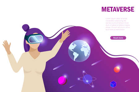 Metaverse, virtual reality and augmented reality technology. Woman wear VR goggle glass experience 3D virtual reality in metaverse space and universe simulation environment.のイラスト素材