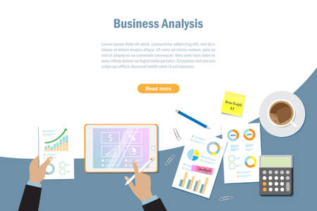 Businessman analysing and research business data statistic graph chart in document report and gadget. Banner, template, webpage background for business and financial investment concept.のイラスト素材