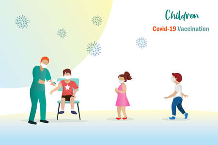 Covid19 vaccination for children, kids. children in school queuing for injecting Covid-19 vaccine by doctor. Covid-19 protection awareness for kid, children in school concept.のイラスト素材