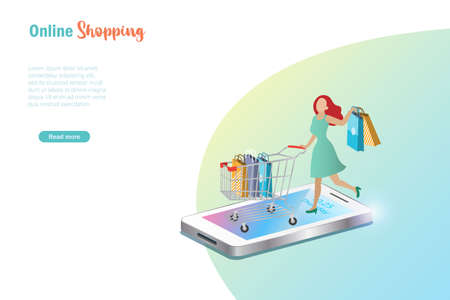 Online shopping. Woman with shopping cart full of shopping bags on smart phone. E-commerce business and delivery service.  Vector template, banner design.のイラスト素材