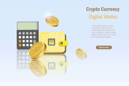 Digital E wallet, 3D bitcoin crypto currency and calculator. Crypto digital money saving in online e wallet account. Bitcoin investment, defi decentralized finance concept.のイラスト素材