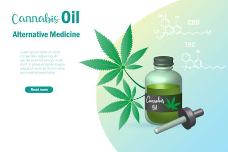 Cannabis, marijuana alternative medicine products. Cannabis essential oil with cannabis leaves and CBD THC molecule icons. Alternative organic herbal for patient health and wellness.のイラスト素材