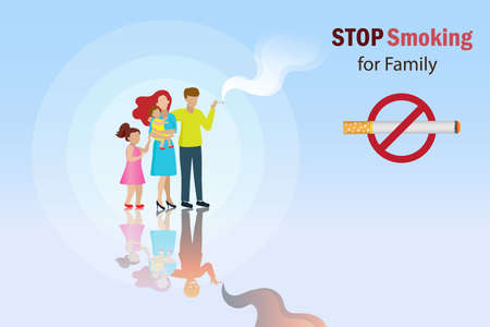 Stop smoking, quit smoking, world no tobacco day concept. Family, smoking father with cancer devil refection. Cigarette destroy people health and family.のイラスト素材
