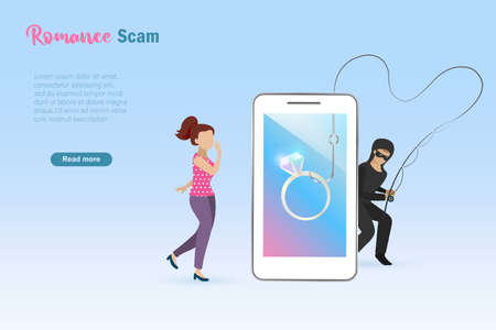 Romance scam, dating scam, cyber crime, hacking, phishing and love scam concept. Hacker,scammer cheating woman by sending diamond ring on smart phone. Online social media fraud.のイラスト素材