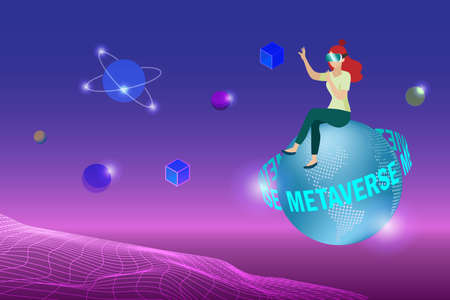 Metaverse, virtual reality technology, user interface 3D experience with smartphone and digital devices. Woman sit on metaverse world using vr headset online connecting to virtual space and universe.のイラスト素材