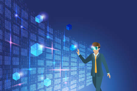 Metaverse in business workplace virtual reality environment. Businessman wear VR goggle glass...