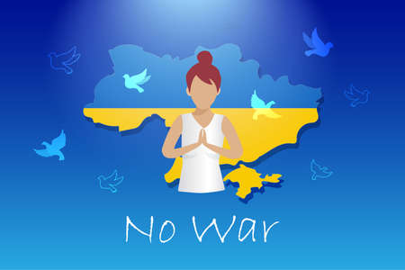 Stop war, pray for Ukraine concept. Woman praying with Ukraine map and flying pigeon, symbol of peace and freedom. International protest to stop aggressive against Ukraine.のイラスト素材