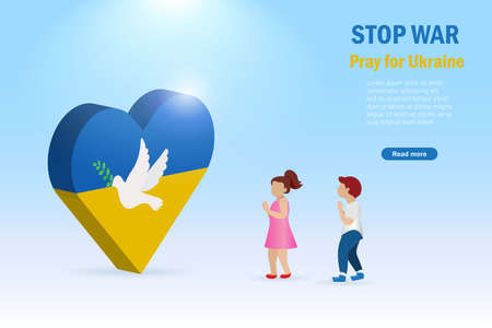 Stop war, pray for Ukraine concept. Children praying with UKrain flag in heart shape and flying pigeon, symbol of peace and freedom. International protest to stop aggressive against Ukraine.のイラスト素材