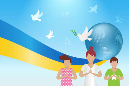 Stop war, pray for Ukraine concept. Woman and children praying for Ukraine with flying pigeon, symbol of peace and freedom. International protest to stop aggressive against Ukraine.のイラスト素材