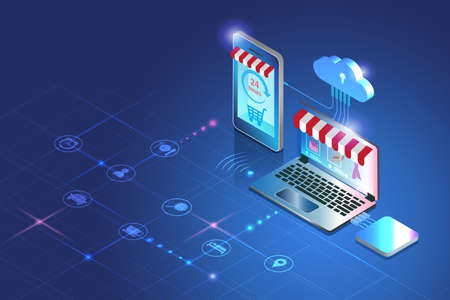 24 hours Online shopping store on computer and smartphone with cloud computing and wireless technology in futuristic background.のイラスト素材