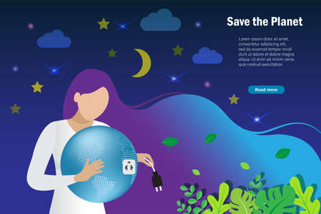 Earth hour, turn off light to save energy. Woman unplug green globe in arm for relaxing. World environment day, earth day and care for nature concept.のイラスト素材