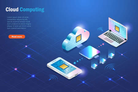 Cloud computing server online connect to smart phone and computer. Digital cloud storage service with data transmission, network connecting technology. Intelligence data storage futuristic background.のイラスト素材