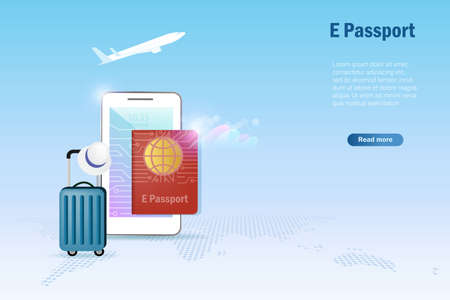 E passport, electronic passport on smartphone with luggage and airplane. Digital official passport online for traveling.のイラスト素材
