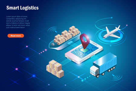 Smart global logistics delivery tracking system on smartphone. Shipment carton delivery in supply chain, airfreight, seafreight and transportation truck use wireless technoloty.のイラスト素材