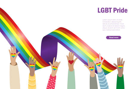 Diversity hands draw LGBT rainbow heart on palm with rainbow flag background to support LGBTQIA pride rights and transgender community, social diversity concept.のイラスト素材