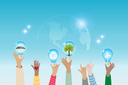 Diversity people hands holding light bulb with alternative consumption energy, world map background....